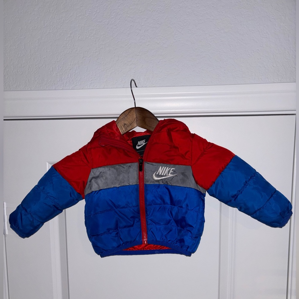 Nike Just Do It Infant Puffer Jacket in Red, Blue, and Gray